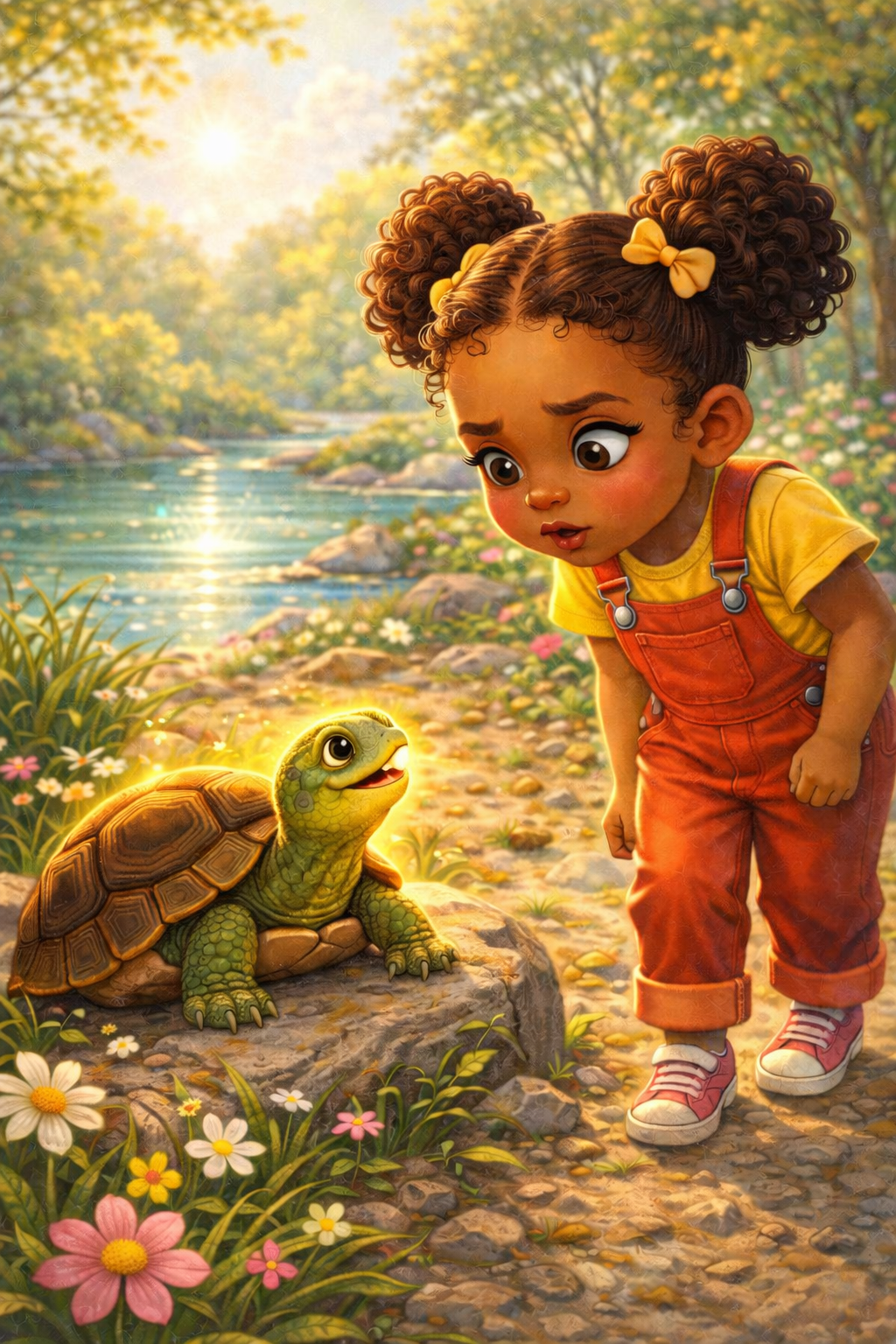 Ana meeting a turtle on a sunny riverbank
