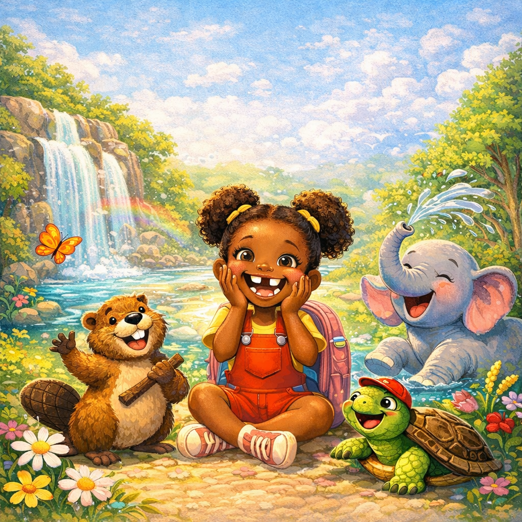 Ana and an elephant in a magical landscape with a rainbow