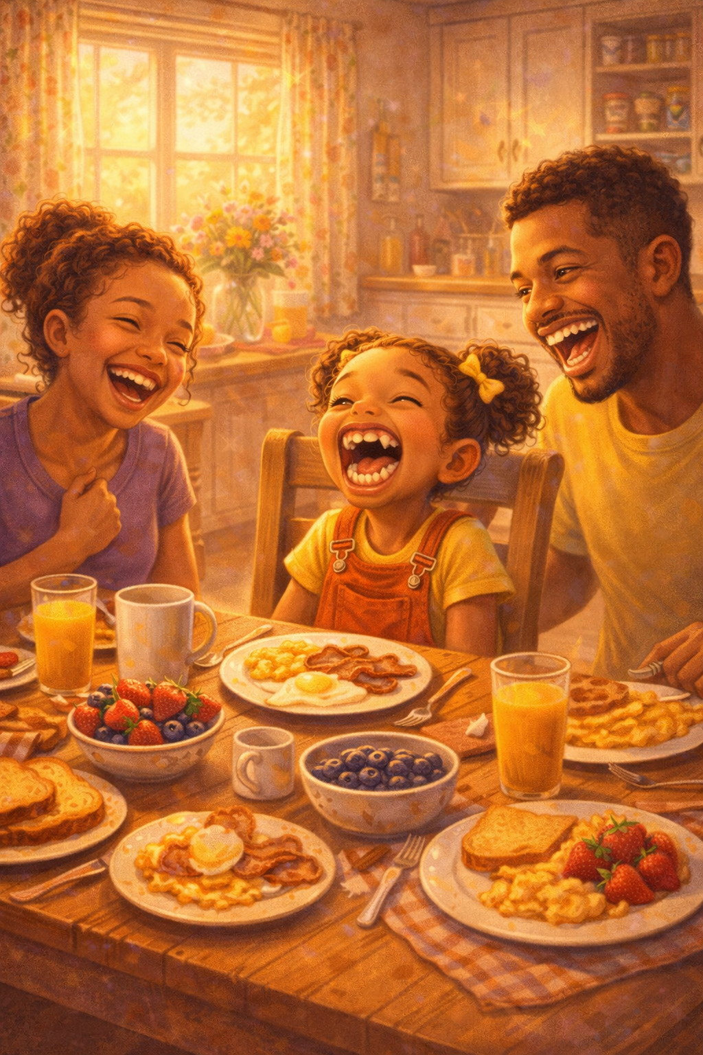 A warm family storytelling moment in sunlight