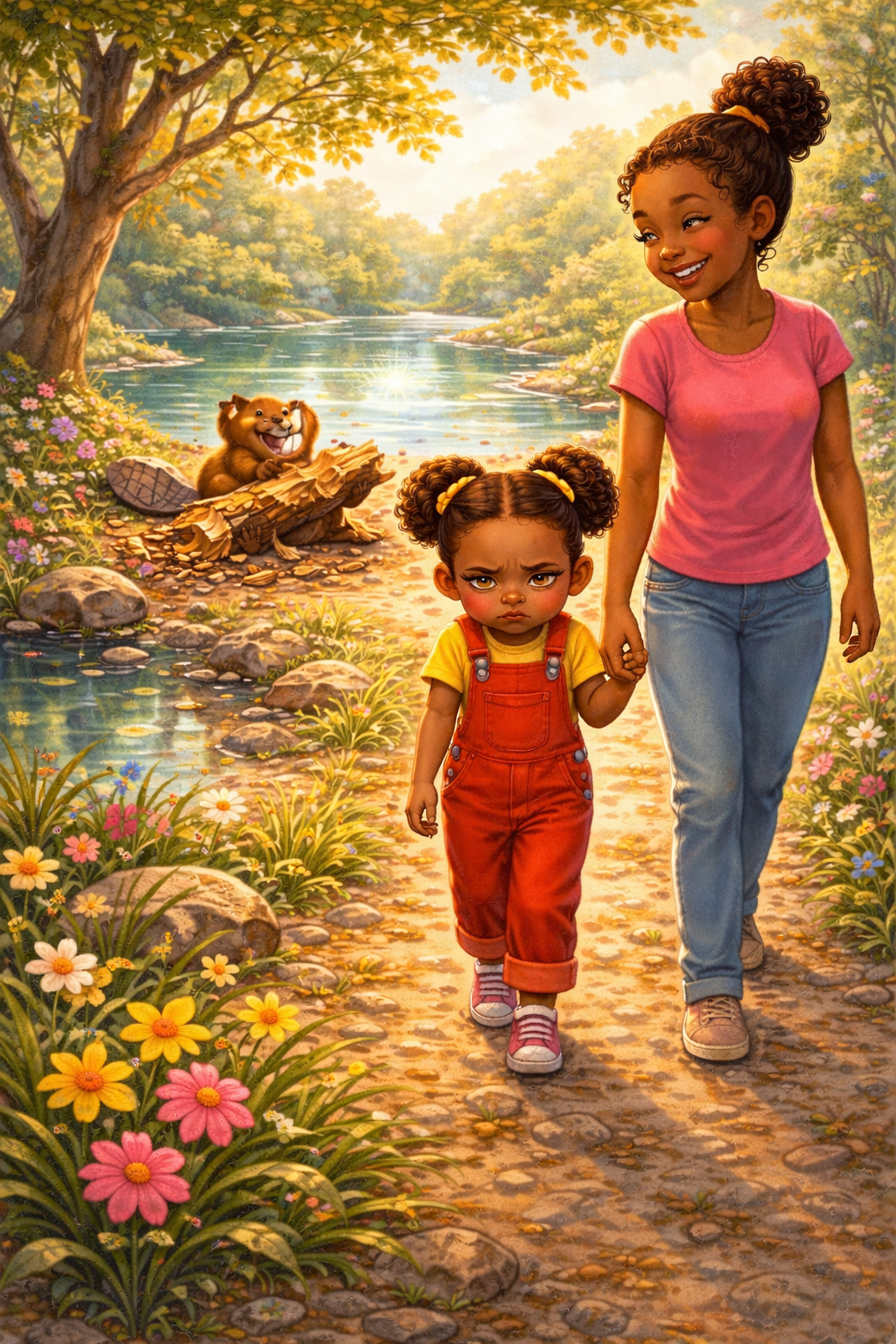 Ana walking along the river with her mother