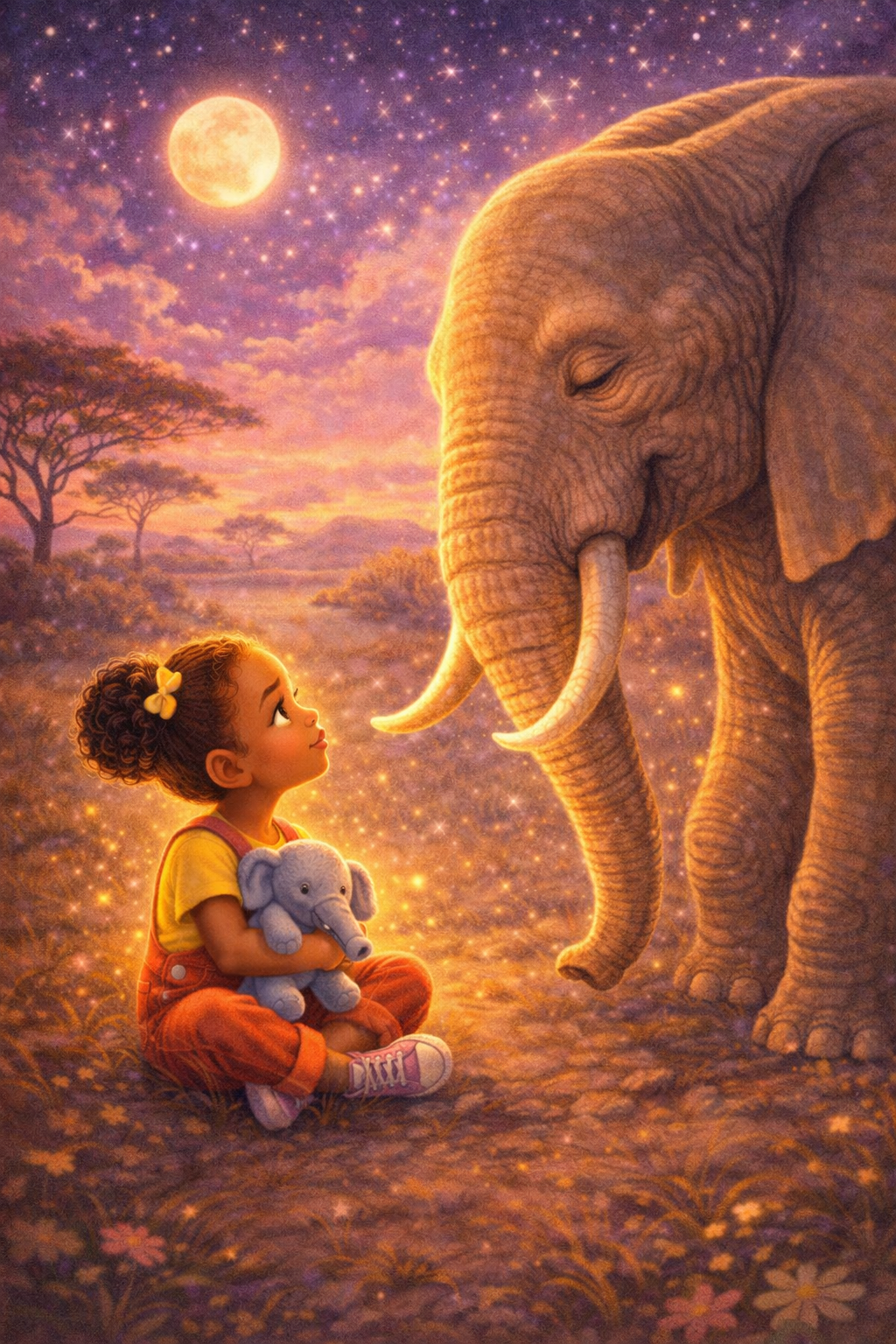 Ana meeting an elephant under a starry sky